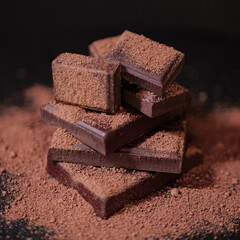 Chocolate. Dark Chocolate Bar Stack. Confectionery, Confection Concept. Dark Key Style Sweets with Cocoa Powder