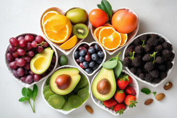 Heart-shaped platter of fresh fruits and vegetables is not only healthy but also appetizing and visually appealing. Great choice for anyone looking for natural organic snack or meal. AI Generative.