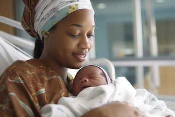 African mother with her newborn baby in a hospital bed. Generative AI.