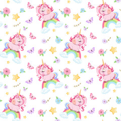 Seamless patterned background drawn cartoon cute pink unicorns sleeping  rainbow. White background with flowers and butterflies. Cute ornament. Template greeting card baby shower. Vector illustration 