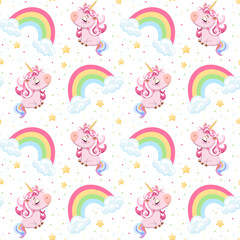 Seamless children's pattern cute pink unicorns on white background stars and rainbows. Cartoon drawing style. Design greeting card, birthday card, textile, fabric, scrapbooking, cover.  Vector 