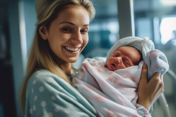 Portrait of happy mother with newborn baby in hospital ward. Motherhood concept. Generative AI.