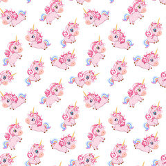 Obraz premium Seamless kids pattern of pink unicorns on white background. Cartoon drawing style. Design greeting card, birthday card, textile, fabric, scrapbooking, cover, packaging, paper, printing. Vector 