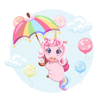 Card cover template of  cartoon cute pink unicorn flying on rainbow umbrella, clouds and balloons. Design element greeting card, baby shower, print, print, post, banner, poster. Vector illustration. 