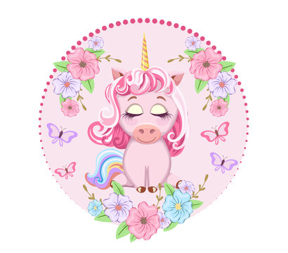 Template card cover cartoon cute pink unicorn sitting in front of floral frame with butterflies. Isolated design element on white background. Birthday card, baby shower, postcard, post, banner, poster