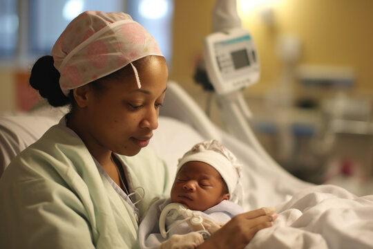 African American Mother And Her Newborn Baby In Hospital Bed. Healthcare And Medical Concept. Generative AI.