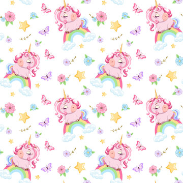 Seamless patterned background drawn cartoon cute pink unicorns sleeping  rainbow. White background with flowers and butterflies. Cute ornament. Template greeting card baby shower. Vector illustration 