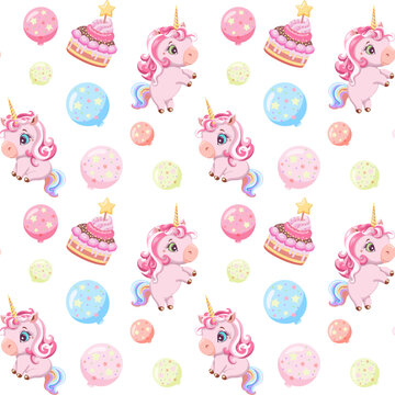 Seamless pattern background with drawn cartoon cute pink unicorns balloons and cake. Birthday unicorn. Isolated on white background. Design wallpaper, fabric, print, baby shower, scrapbooking. 