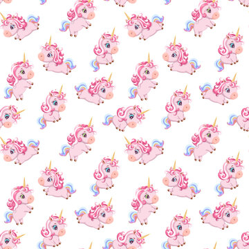 Seamless kids pattern of pink unicorns on white background. Cartoon drawing style. Design greeting card, birthday card, textile, fabric, scrapbooking, cover, packaging, paper, printing. Vector 