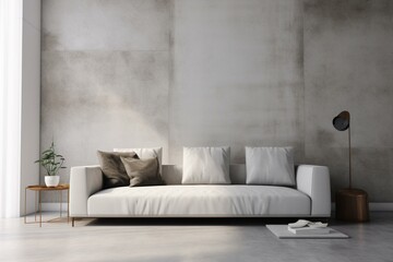 Fototapeta na wymiar Modern interior with a white concrete wall and velvet sofa. Negative space above. 3D illustration. Generative AI