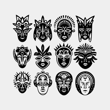 Set of african tribal masks. Collection of different indian, aztec mask on white background