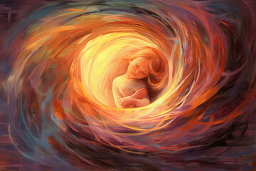Illustration of a newborn baby inside a spiral womb. Generative AI.