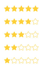 Product rating or customer review feedback with gold stars line art vector icons for apps and websites. 5 stars