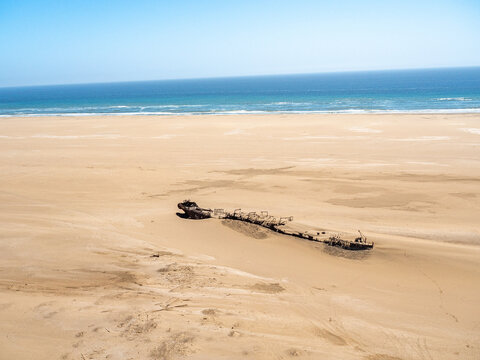 Aerial view of shipwrecks off the Skeleton Coast of Namibia.
