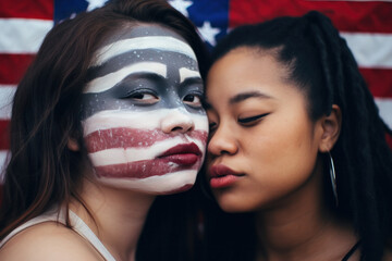 Two asian women leaning cheek to cheek with an American flag painted on their cheeks Generative AI