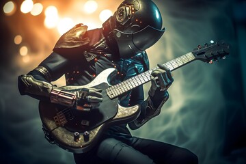 Android in Helmet and Mask Playing Electric Guitar in Backlit Setting, Generative AI