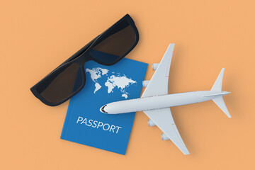 Passport near airplane and sunglasses. Vacation concept. International travel. Summer holiday. Top view. 3d render