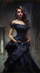 Fototapeta na wymiar A painting of a woman wearing an elegant beautiful black dress . Generative AI
