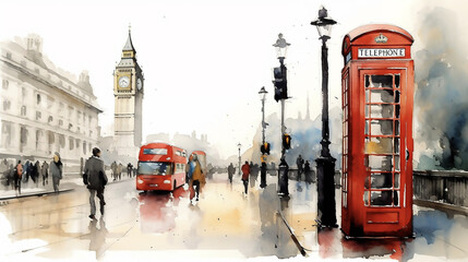 Fototapeta na wymiar British Red Telephone Box, watercolour