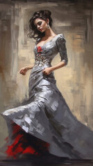 Fototapeta na wymiar A painting of a woman wearing an elegant white, silver beautiful dress . Generative AI