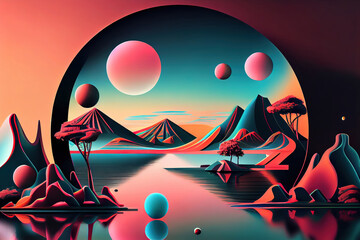 Surreal retro futurism abstract landscape with water in colorful neon palette. Generative Ai