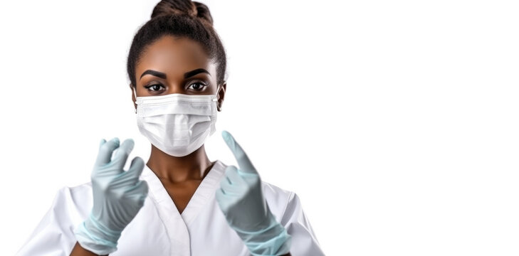 A Woman Doctor With Dark Skin Wearing A Mask And White Medical Gloves. On A White Background.generative Ai.