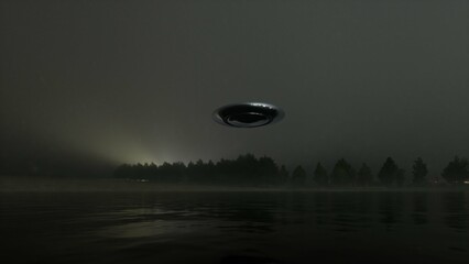 3d render. UFO over the lake at night.