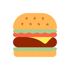 Hamburger logo fast food burger bun with cheese and pimidor with lettuce top sprinkled with sesame seeds. Fast food food. Vector illustration. Flat design style.