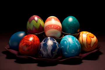 Eight Decorated Easter Eggs of Various Colors on a Stand, Generative AI