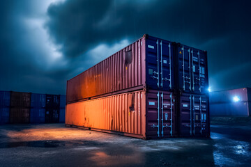 Fototapeta premium a solitary container bathed in the glow of spotlight, raindrops adding atmospheric touch, showcasing intersection of advanced logistics and elements at nighttime. generative AI.