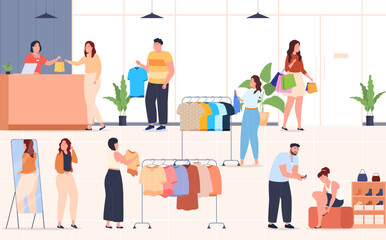 Shopping in a clothing store. Women and men shop and try on clothes and shoes. Vector illustration