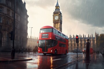 Digital painting of London's iconic landmarks - Big Ben and a red bus. Generative AI