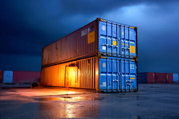 a solitary container bathed in the glow of spotlight, raindrops adding atmospheric touch, showcasing intersection of advanced logistics and elements at nighttime. generative AI.