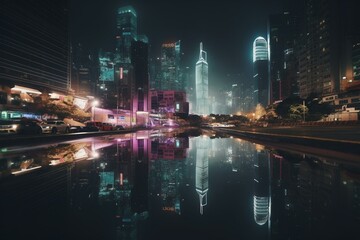 A vibrant urban landscape with luminous lights and shimmering reflections after dark. Generative AI