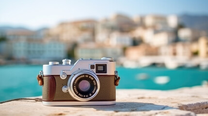 camara retro sobre fondo de paisaje urbano griego. ilustracion de ia generativa
