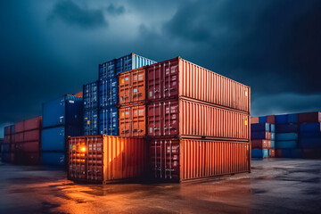a solitary container bathed in the glow of spotlight, raindrops adding atmospheric touch, showcasing intersection of advanced logistics and elements at nighttime. generative AI.