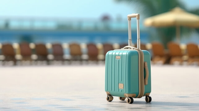maleta verde sobre fondo de piscina y sillas desenfocadas en un resort de lujo en un lugar lejano e idilico. Concepto de vacaciones de verano