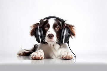 dog with headphones on, romantic atmosphere