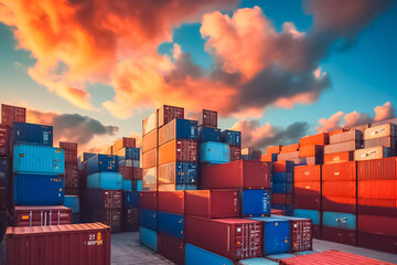 the sheer magnitude of a mountainous stack of containers in a bustling container yard, illustrating the magnitude of international trade and the complex logistics involved.