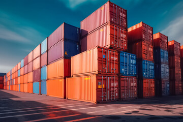 the sheer magnitude of a mountainous stack of containers in a bustling container yard, illustrating the magnitude of international trade and the complex logistics involved. - obrazy, fototapety, plakaty