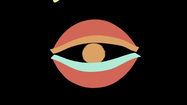 Abstract hand drawn looped animation of human eye on black background. Graphic cartoon eye looking around and blinking.