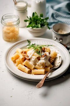 Pasta rigatoni with white cream sauce and caramelized onions on top. Generative AI