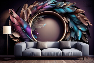 Beautiful feathers on the 3d wallpaper with circle. Generative Ai