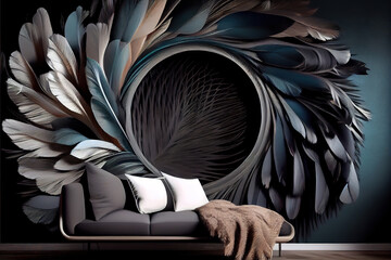 Beautiful feathers on the 3d wallpaper with circle. Generative Ai