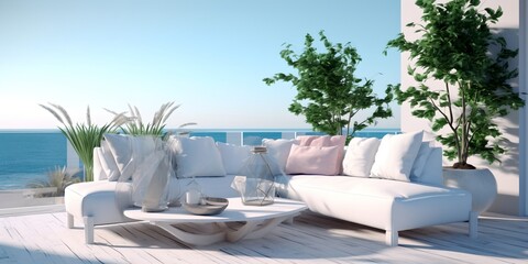Fototapeta na wymiar White terrace with a view of the ocean, generative ai