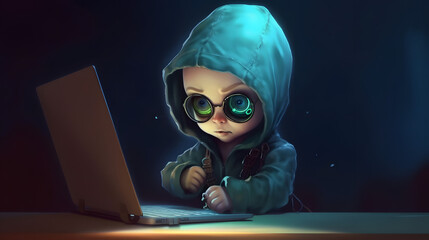 A cute baby cyborg hacker, sitting by the table with laptop, concept of hacking cybersecurity, cybercrime, cyberattack, Generative Ai