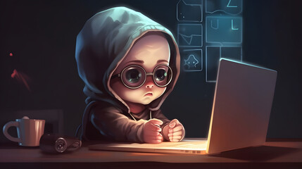 A cute baby cyborg hacker, sitting by the table with laptop, concept of hacking cybersecurity, cybercrime, cyberattack, Generative Ai