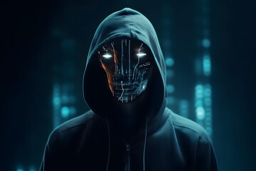 An anonymous cyborg hacker. Futuristic, cyberpunk style, concept of hacking cybersecurity, cybercrime, cyberattack, Generative Ai