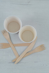 Wooden and cardboard cups and cutlery