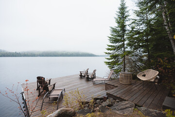 Misty morning on dock at the lake